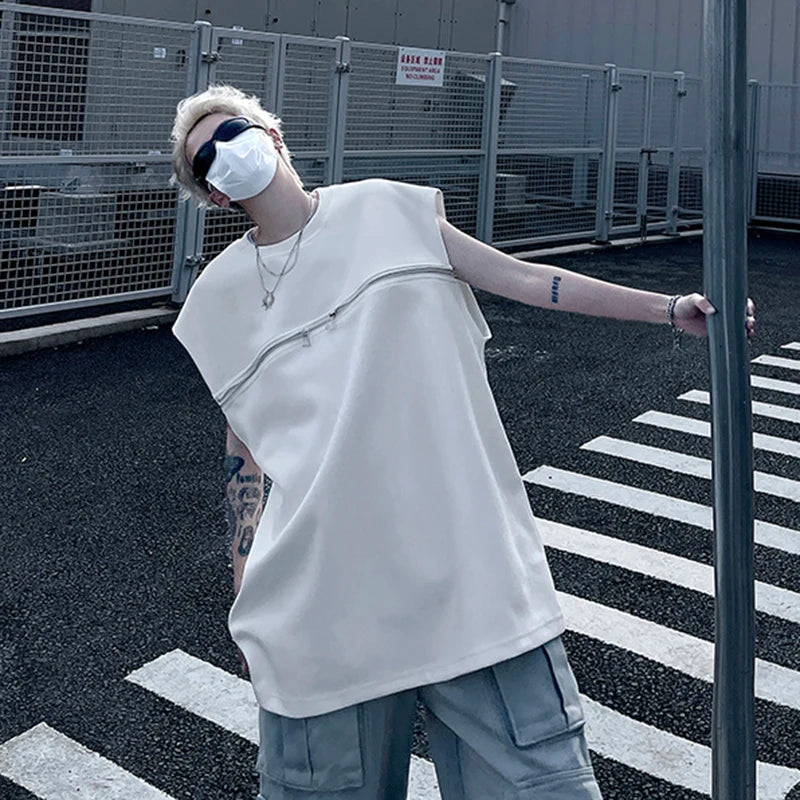 Double Zipper Loose Solid Tank Top