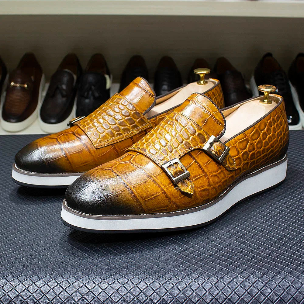 Crocodile Pattern Leather Double Monk Shoes
