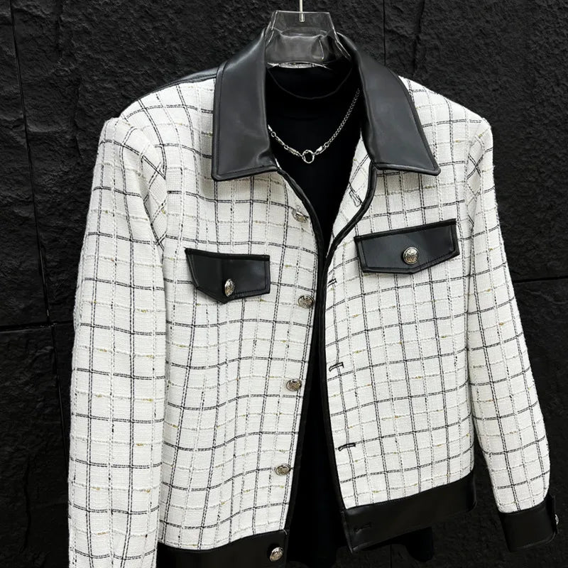 Windowpane Leather Trim Tweed Jacket