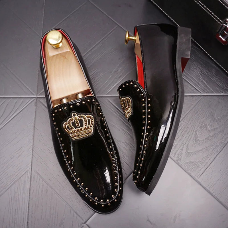 Crown Embroidery Black PU Loafers