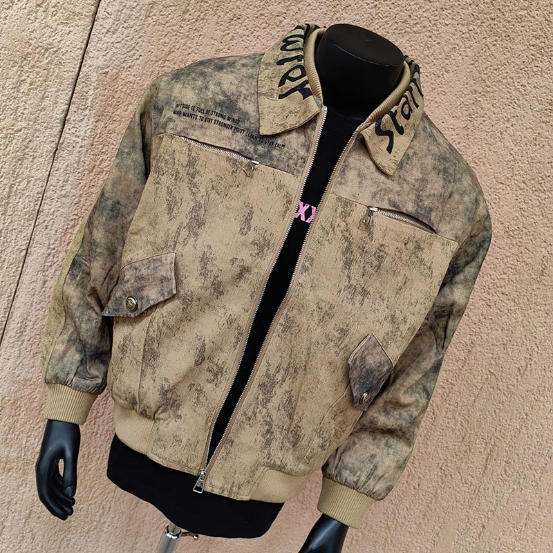 Distressed Graphic Collar Bomber Jacket