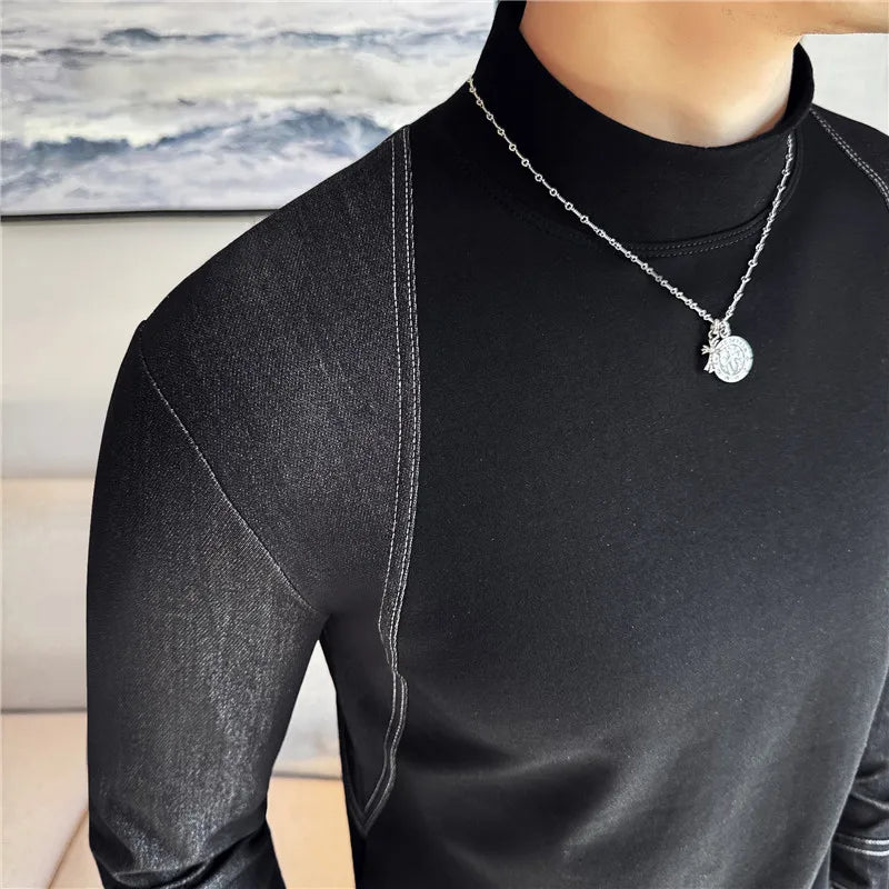 Patchwork Denim Spliced Turtleneck T-Shirt