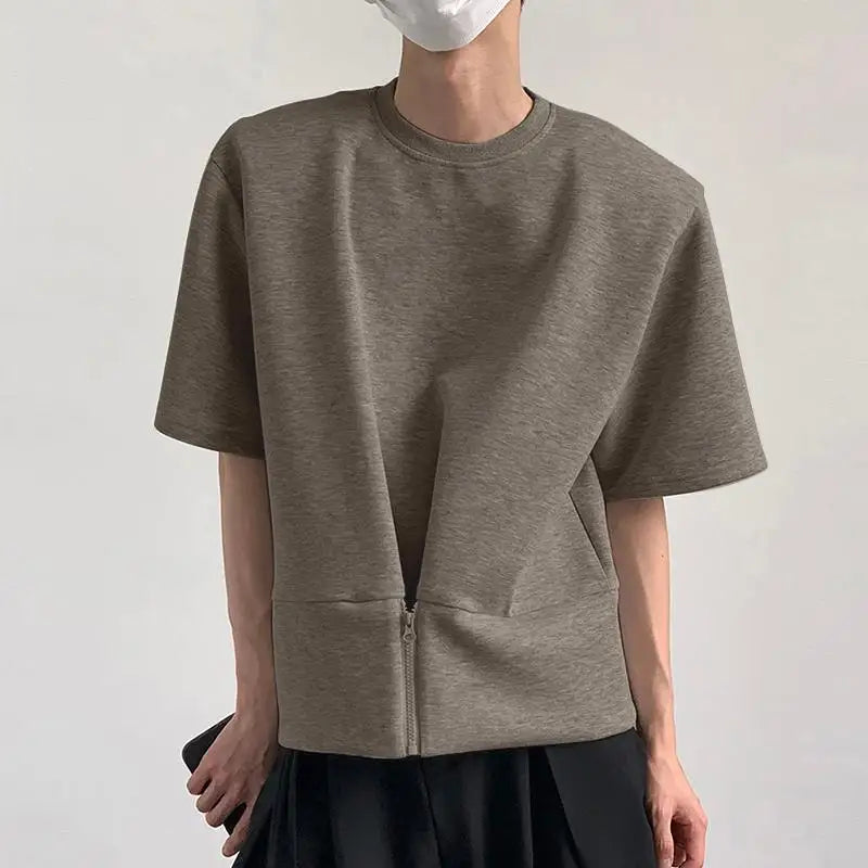 Irregular Solid O-Neck Zipper T-Shirt