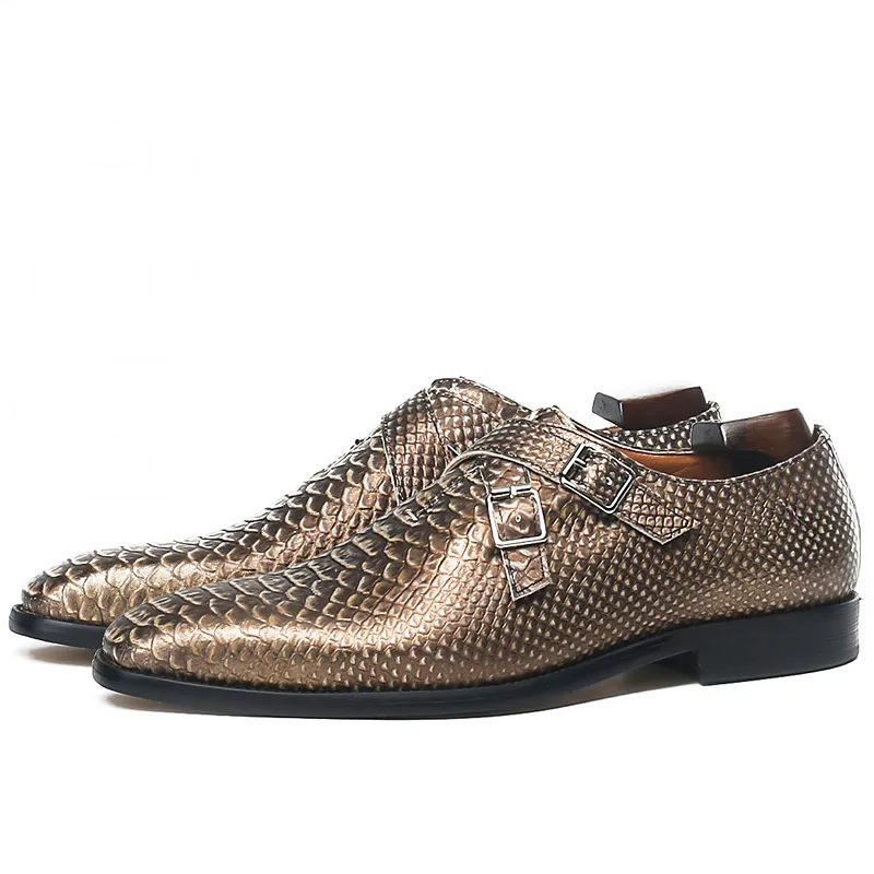 Snake Print Two Buckle Strap Shoes