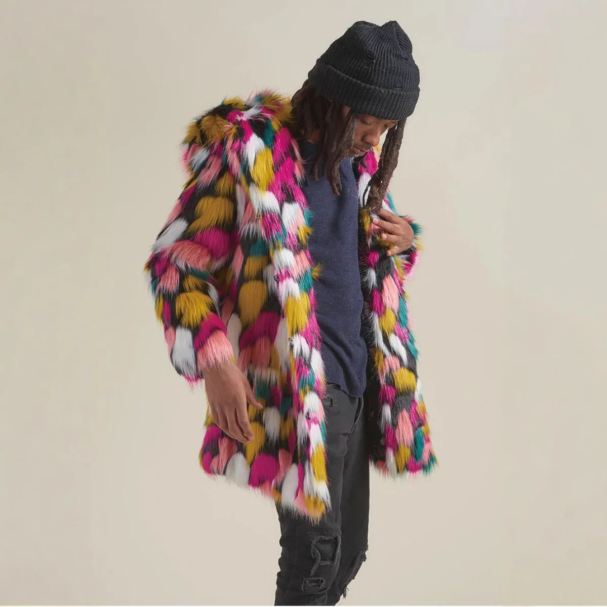 Colorful Faux Fur Patchwork Hooded Coat