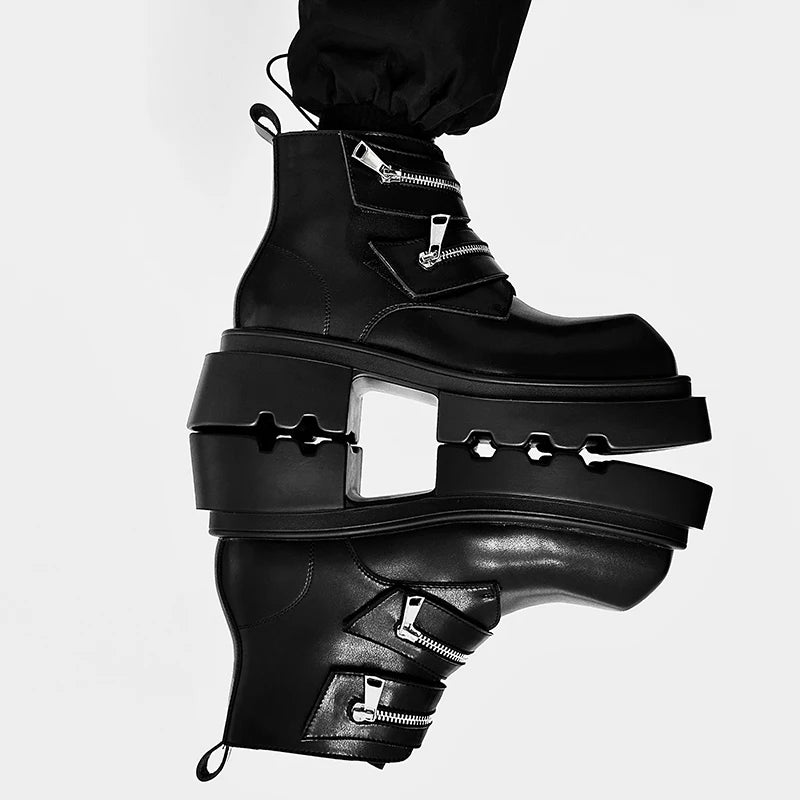 Black Split Leather Thick Bottom Boots