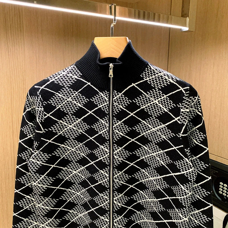 Half-High-Neck Slim Plaid Cardigan