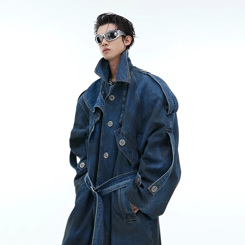 Long Denim Loose Design Solid Coat