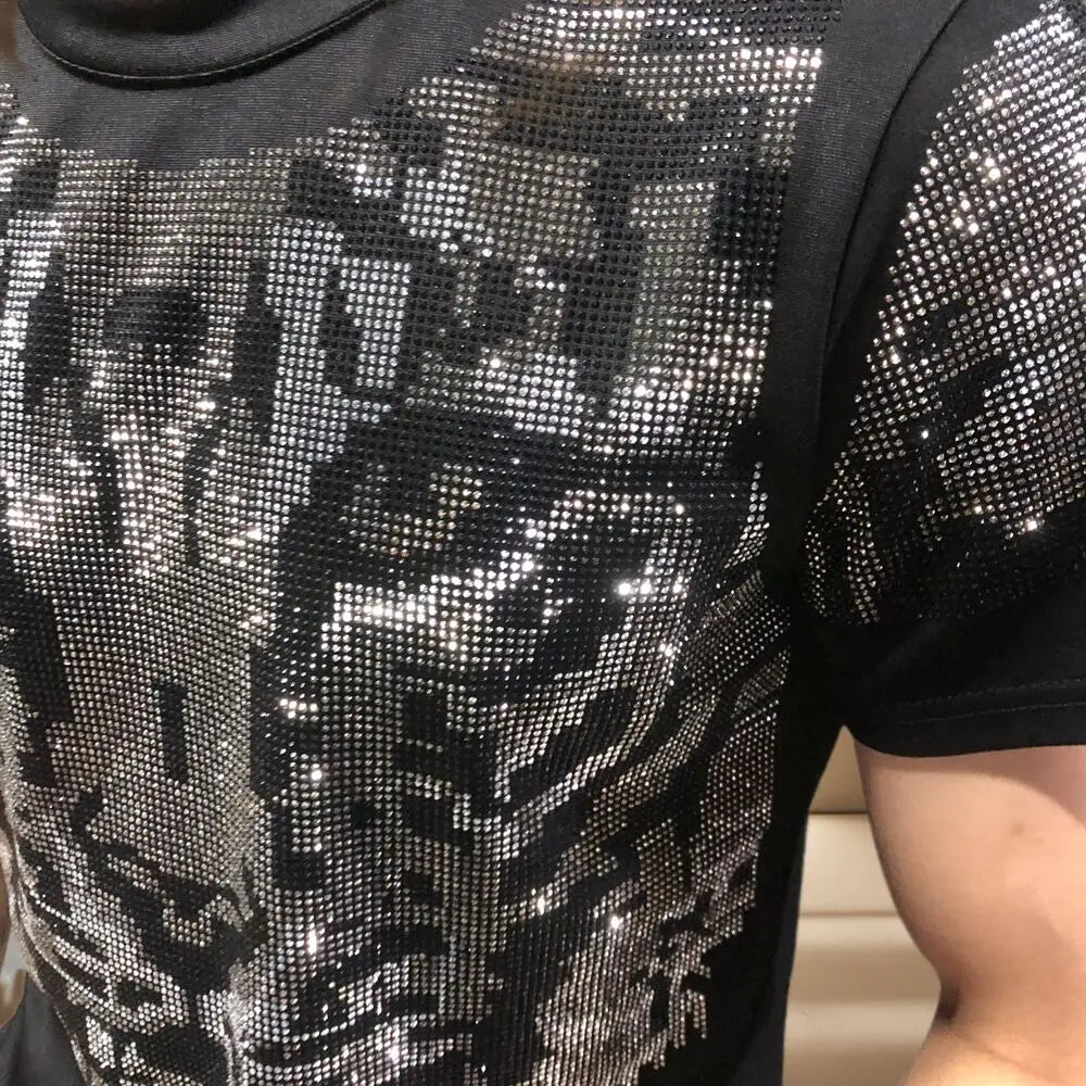 Tiger Head Rhinestone Short Sleeve T-Shirt