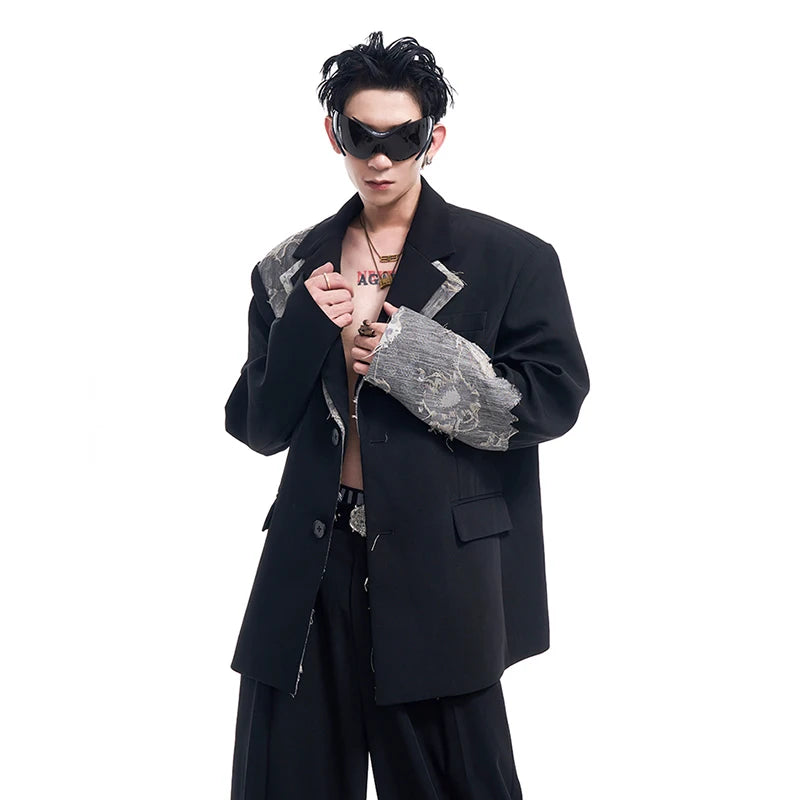 Black Color Lace Patchwork Men's Suit