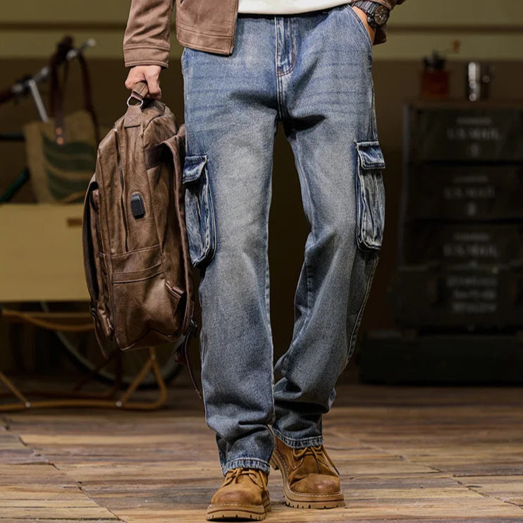 Washed Color Straight Cargo Jeans