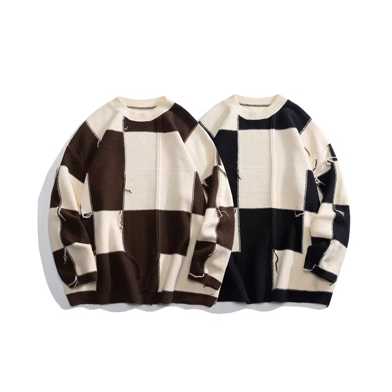 Checkerboard Round Neck Knitted Sweater