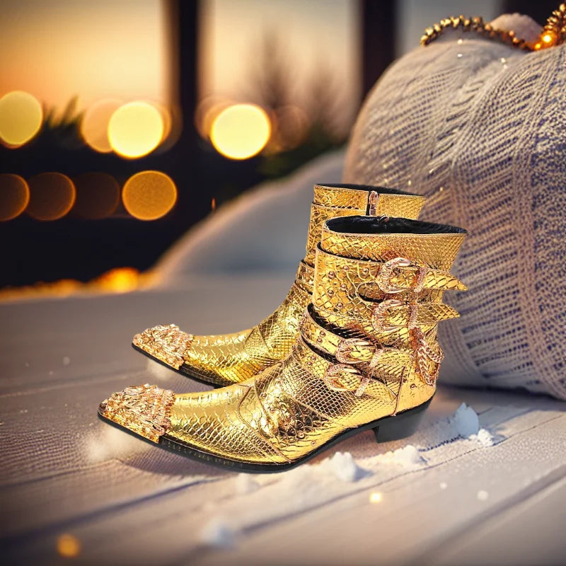 Golden Dragon-Toe Buckled Snakeskin Dress Boots