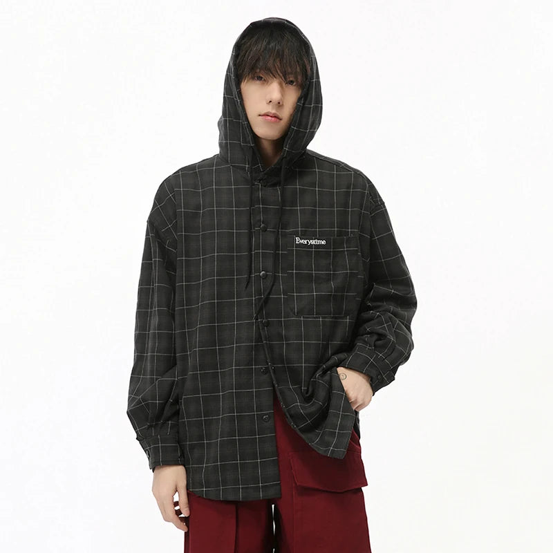 Plaid Drawstring Hooded Loose Shirt