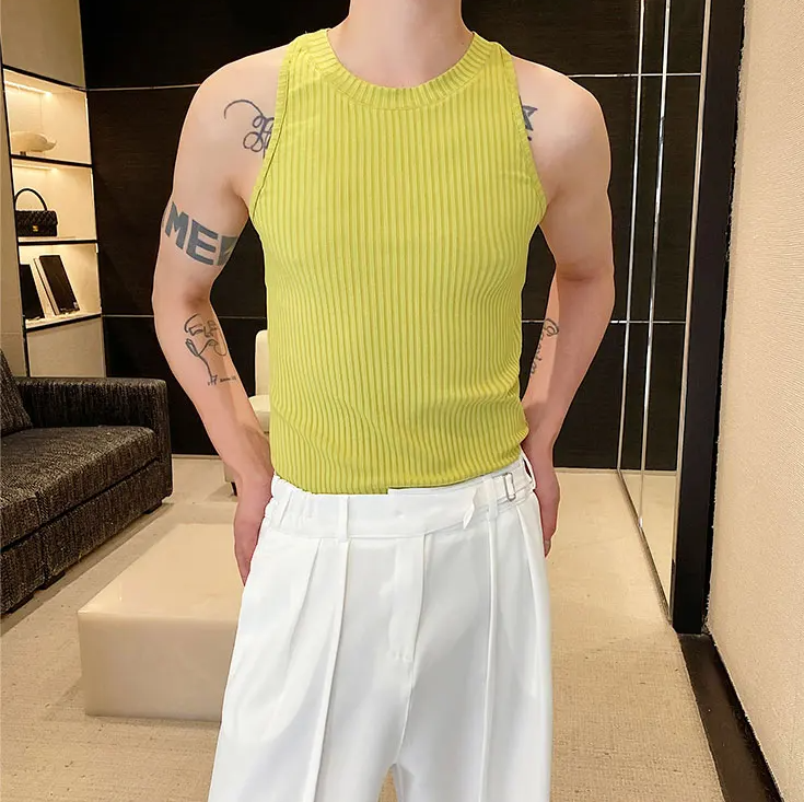 Solid Elastic Knitted O-Neck Tank Top