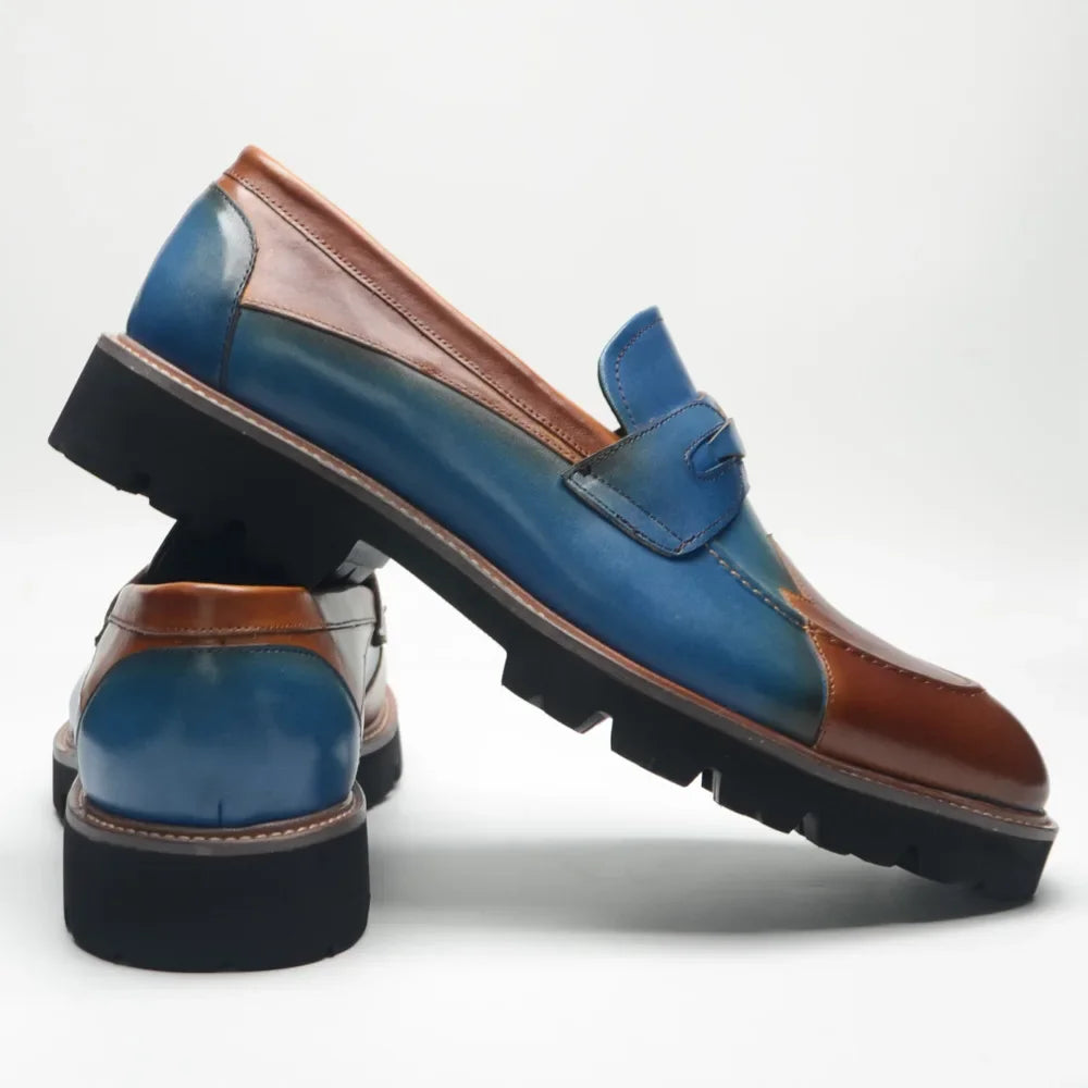 Blue Brown Genuine Leather Men's Loafers