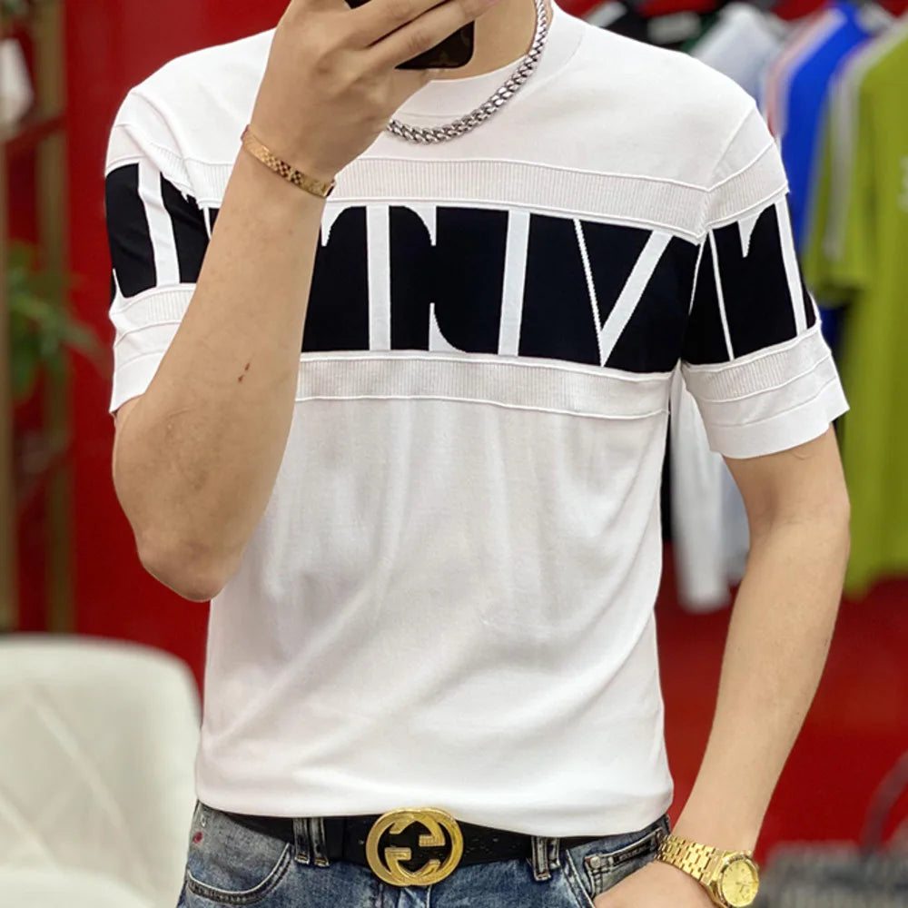 Contrast Color Splicing Jacquard O-Neck T-Shirt