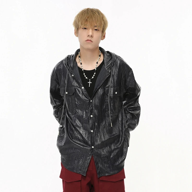 Solid Hooded Pleated Drawstring Jacket