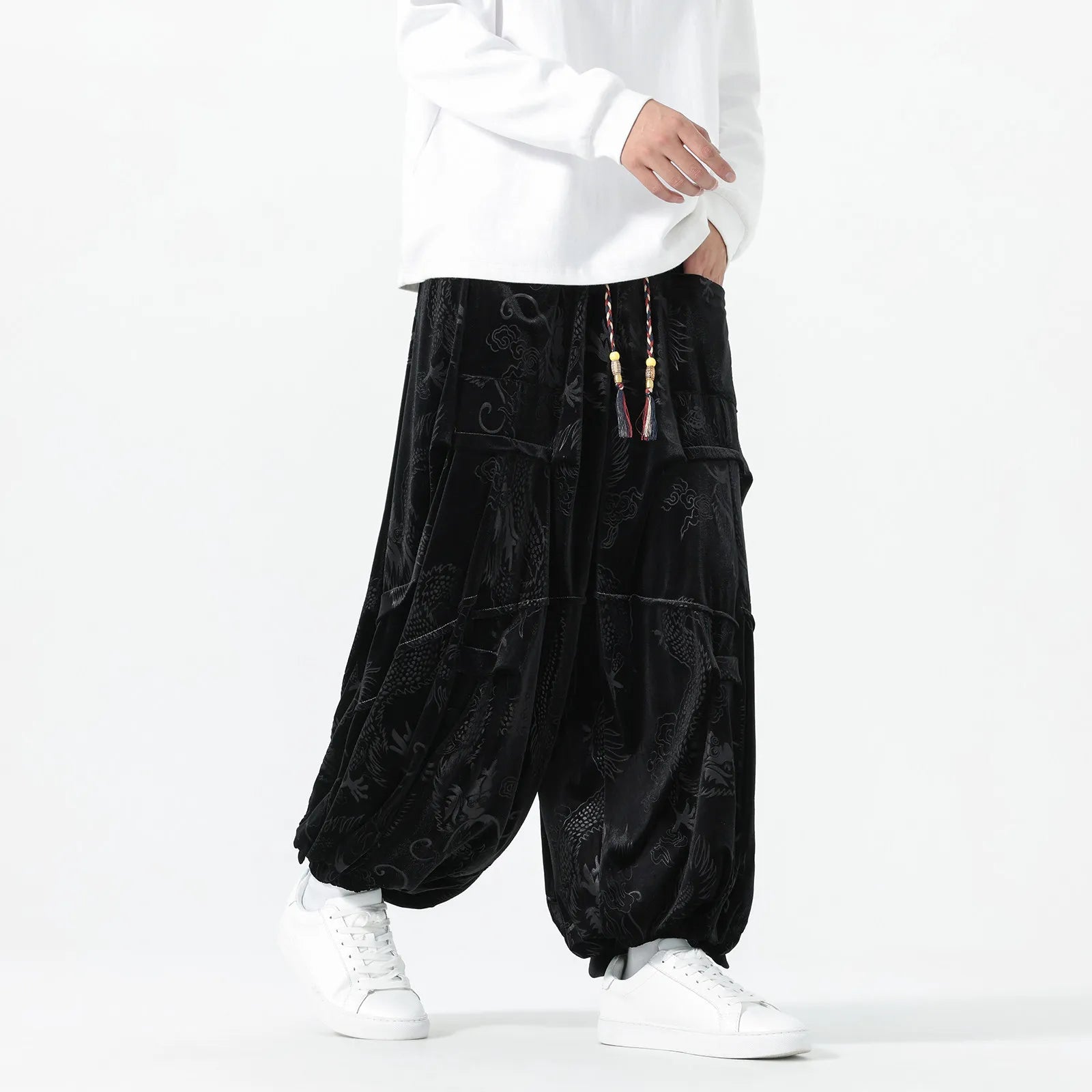 Velvet Dragon Print Loose Pants