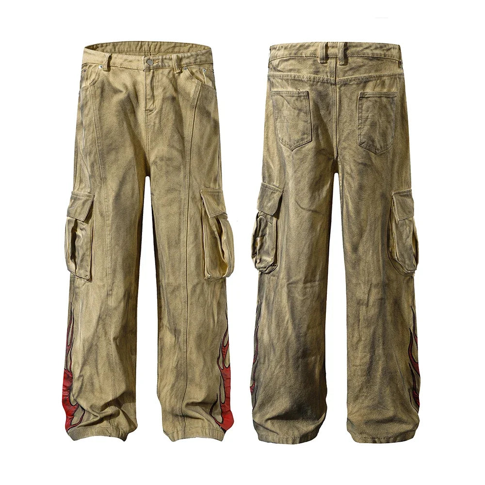 Flame Bottom Pattern Straight Loose Cargo Jeans