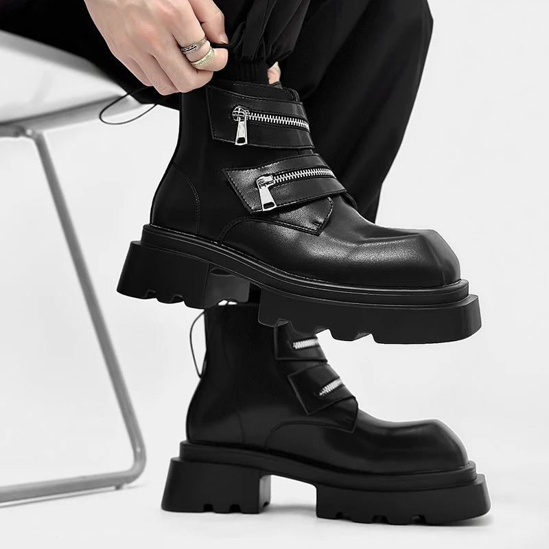 Black Split Leather Thick Bottom Boots