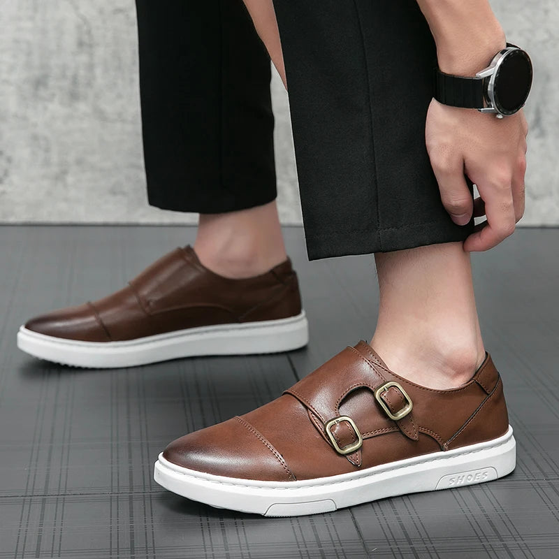 Double Buckle Casual Men Leather Shoes