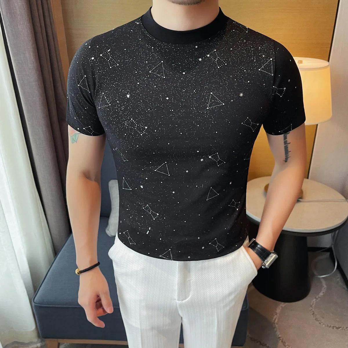 Luminous Stars Pattern Slim-Fit T-Shirt