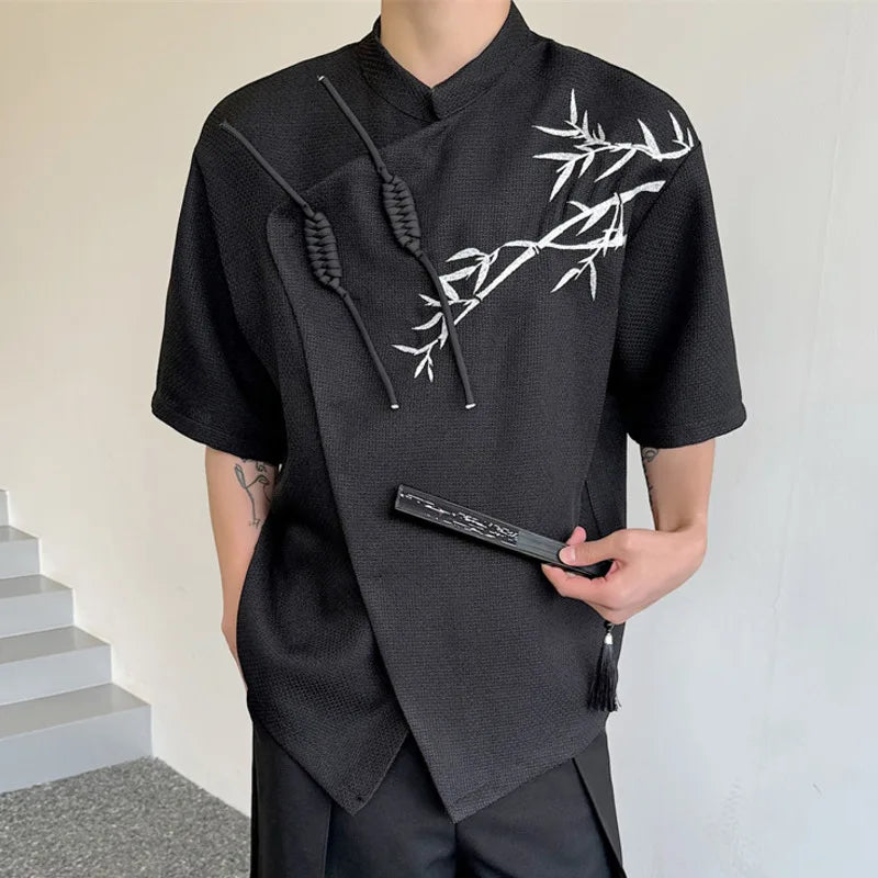 Embroidery Stand Collar Short Sleeve Shirt