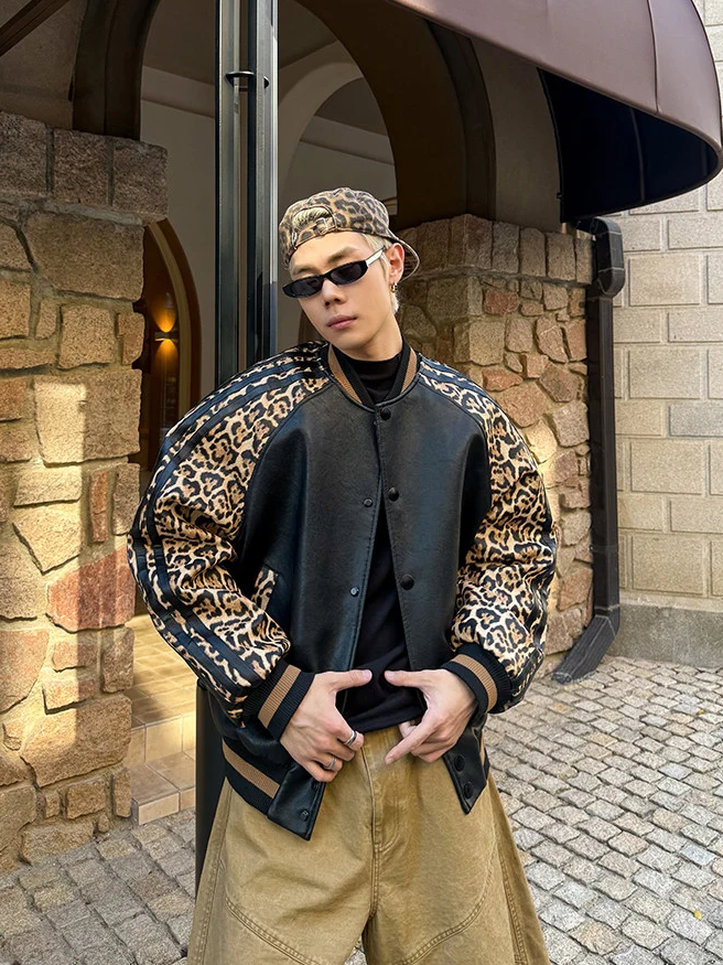 Leopard Patchwork Leather Bomber Jacket