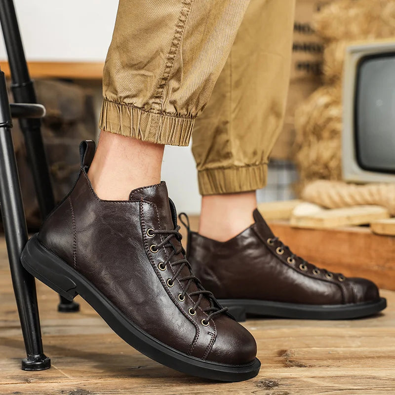 Retro Solid Color Leather High-Top Sneakers