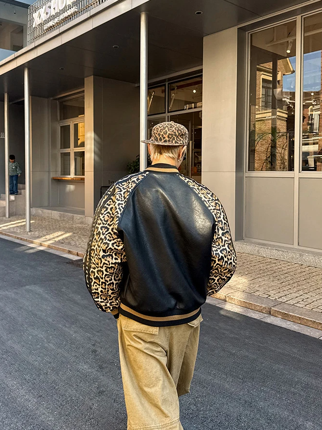 Leopard Patchwork Leather Bomber Jacket