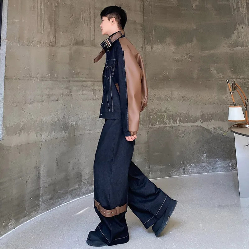 Thickened Denim PU Patchwork Pants Set