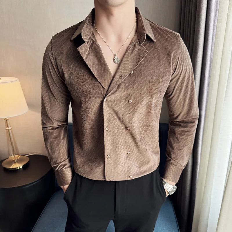 Solid Double Breasted Velvet Casual Shirt