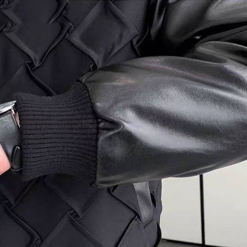 PU Synthetic Leather Diamond Pattern Black Jacket