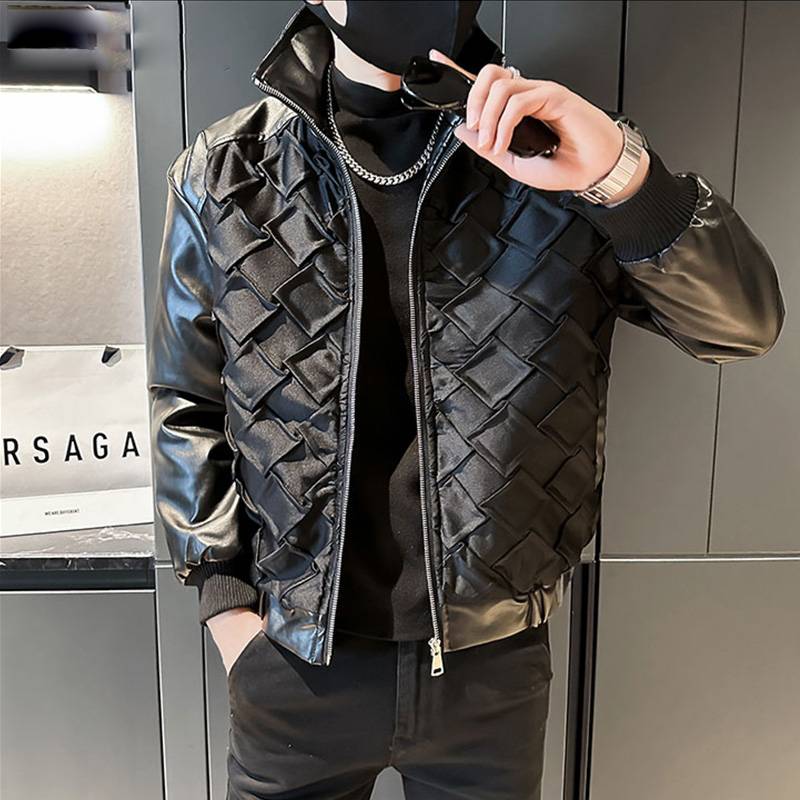 PU Synthetic Leather Diamond Pattern Black Jacket