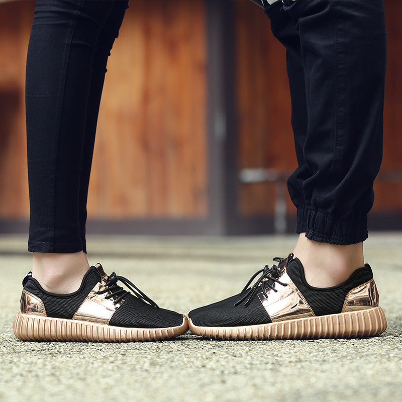 Unisex Air Mesh Glossy Gold Men and Women Lace Up Casual Sneakers Shoes - FanFreakz
