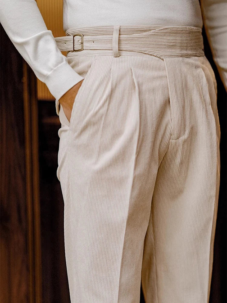 Solid Vintage Belt Corduroy Trousers