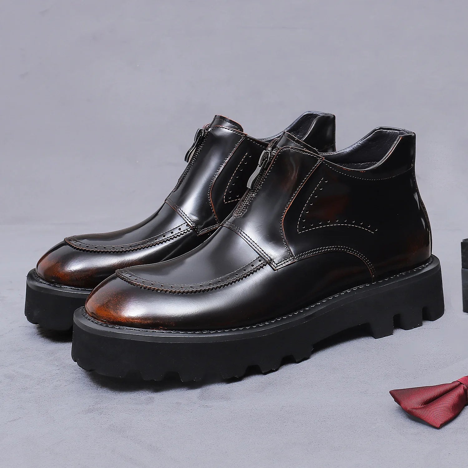 Thick Sole Zip-Up Brogue Ankle Boots