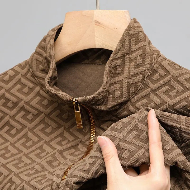 Plaid Geometric Jacquard Zipper Sweater