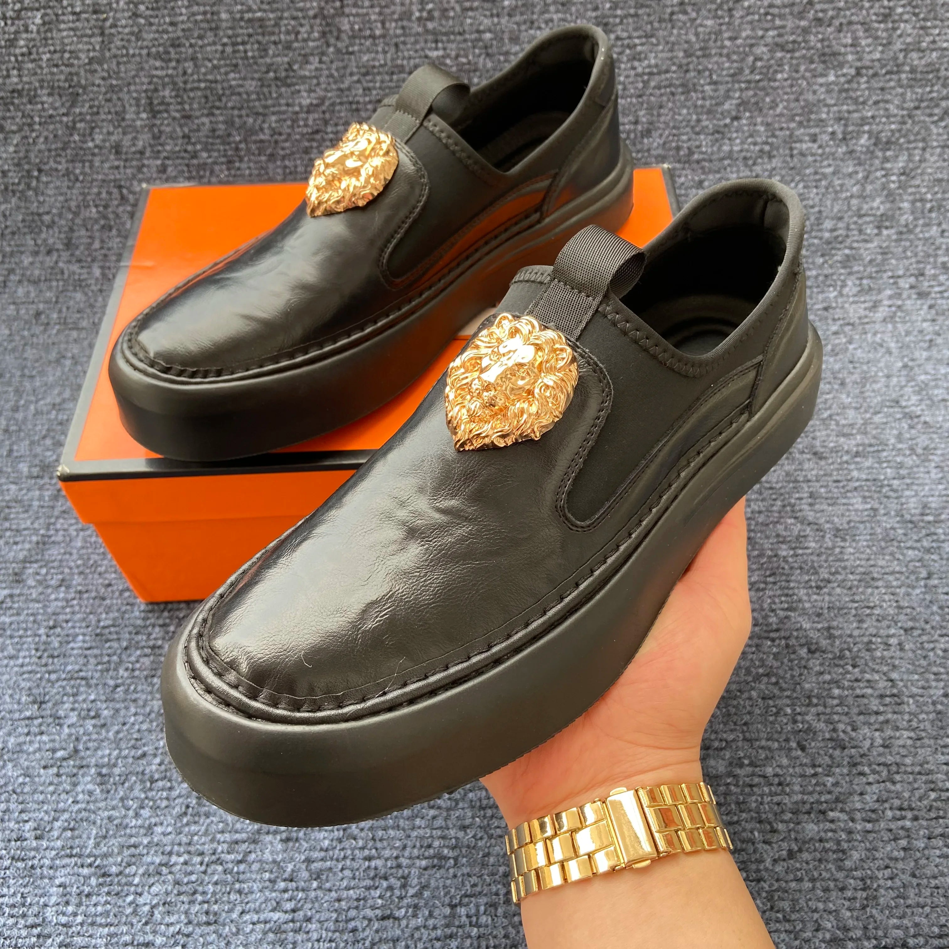 Lion Head Appliques Leather Slip-On Sneakers