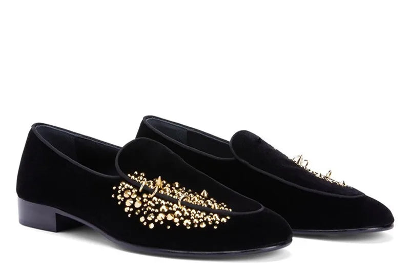 Studs Spike Black Blue Velvet Loafers