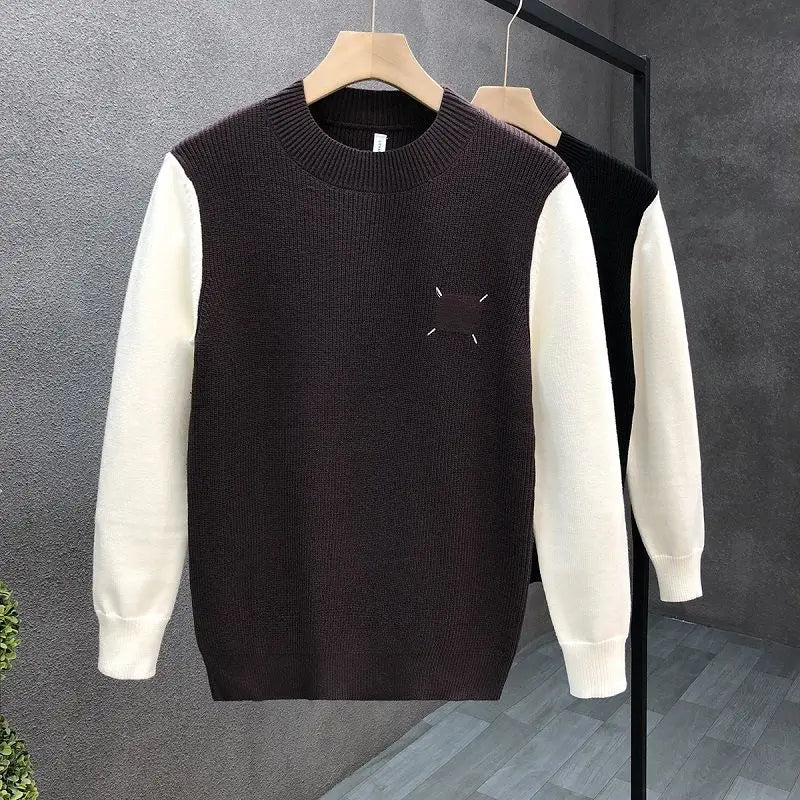 Solid Spliced Round Neck Sweater