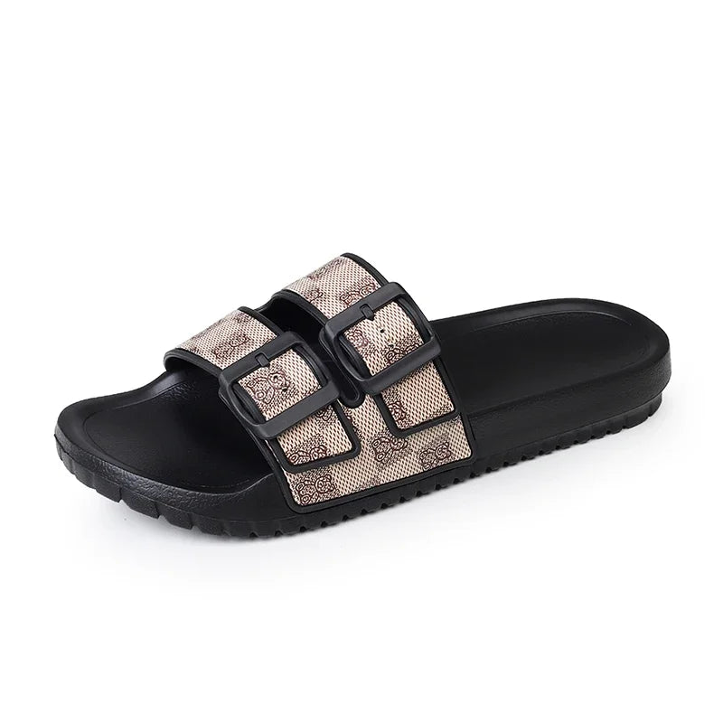Double Buckle Geometric Slip-On Sandals