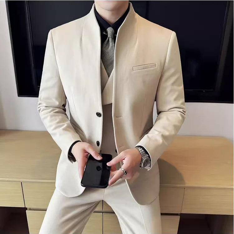 Stand-Up Collar Woolen Solid Suit