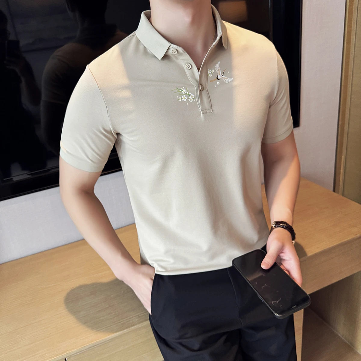 Bird & Flower Embroidered Polo Shirt