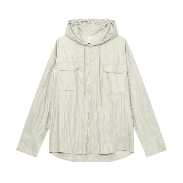 Solid Hooded Pleated Drawstring Jacket