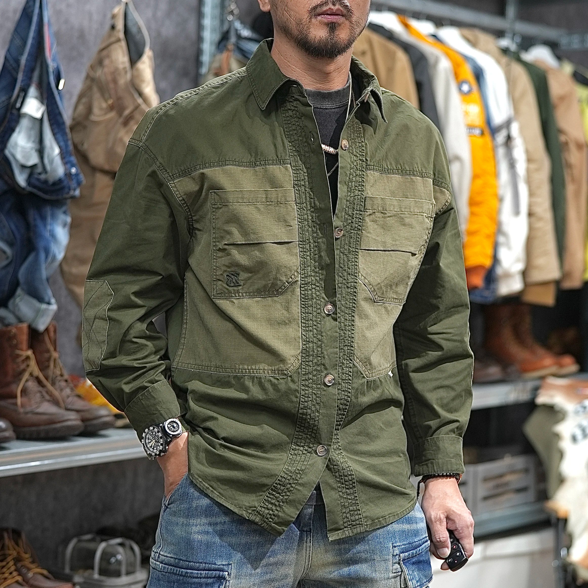 Patchwork Utility Casual Workwear Shirt