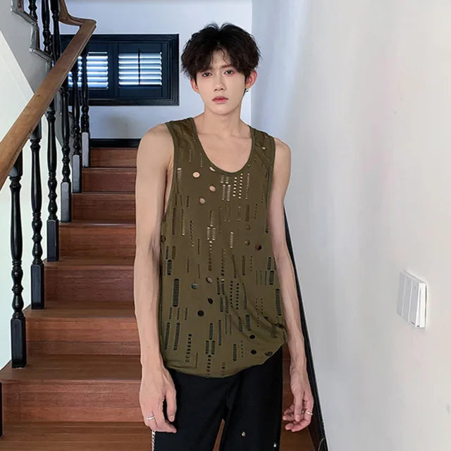Loose Round Collar Hollowed Tank Top