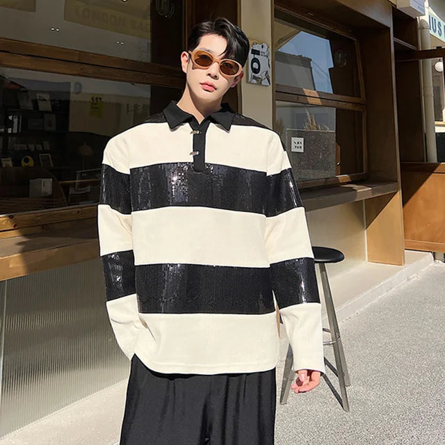 B&W Stripes Long Sleeve Polo Shirt