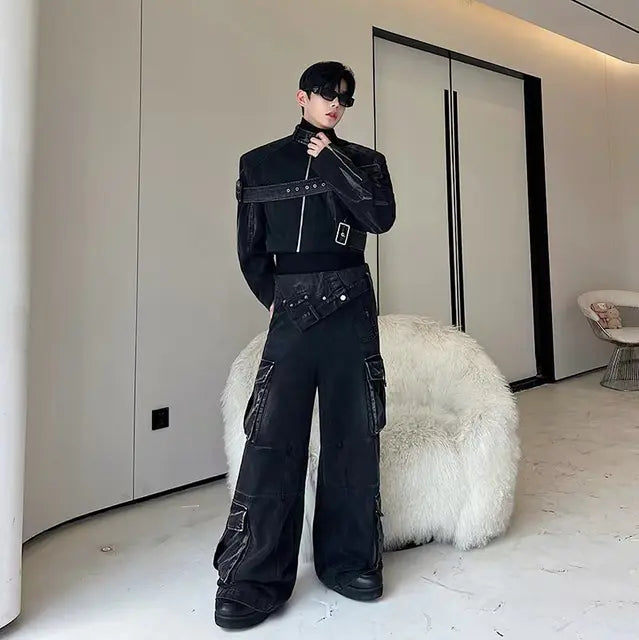 Black Belt Multi Pockets Pants Set